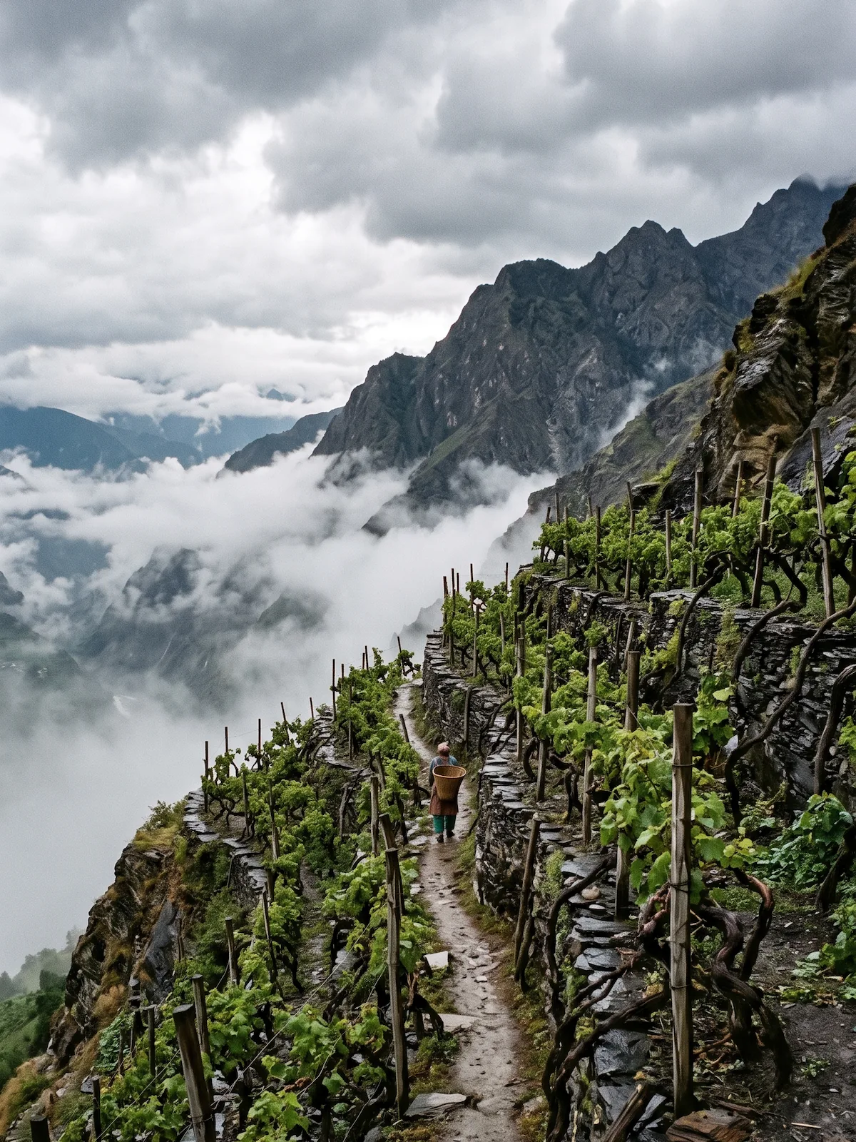 Steep remote vineyard in the mountains, far from any road