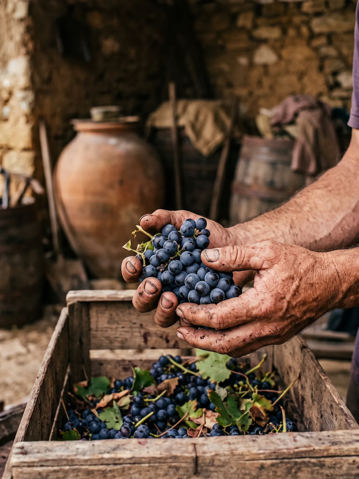 Winemaker hand-harvesting grapes with no machinery